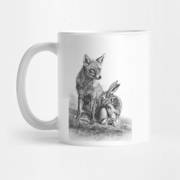 An Unlikely Alliance fox and hare pencil drawing by Mightyfineart